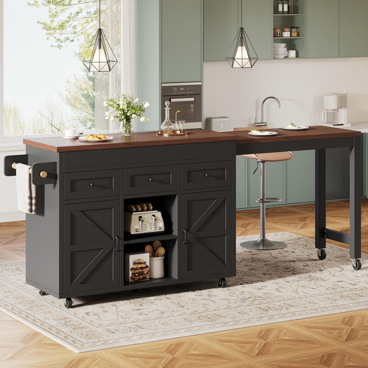 KUCHYŇSKÝ VOZÍK bílý, otočný barový stůl 360° se zásuvkami, 131,5–210×40×75,5 cm - černá, kov/kompozitní dřevo (210/90/45cm) - STILVORA