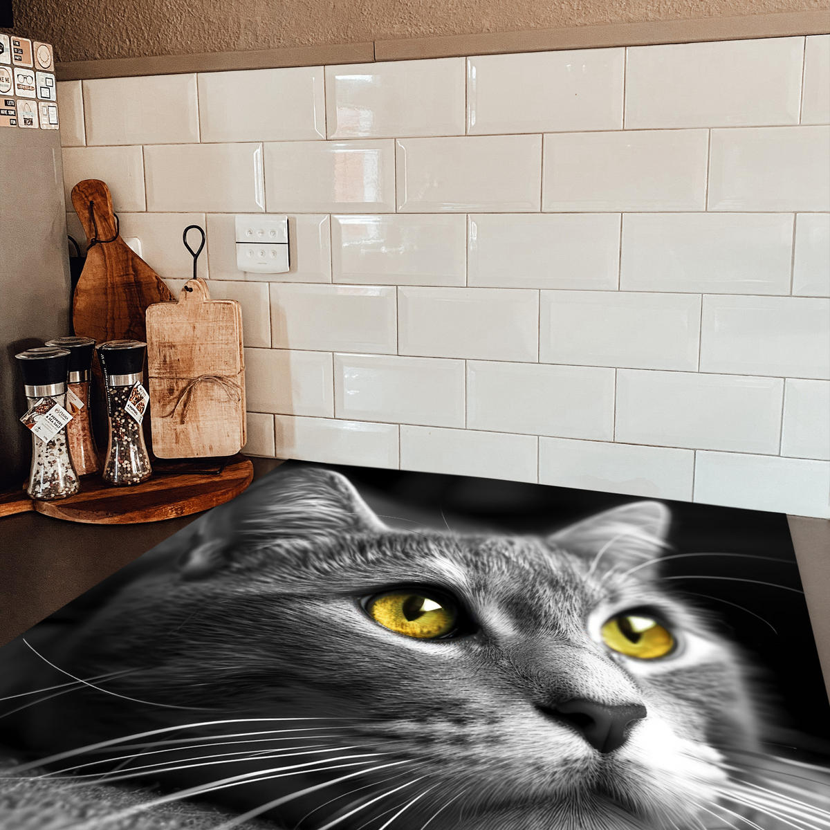 HERDABDECKPLATTE Katze - Grau - Tiere - Katze 78x78 cm - Grau, Kunststoff (78/0.2/78cm) - MuchoWow