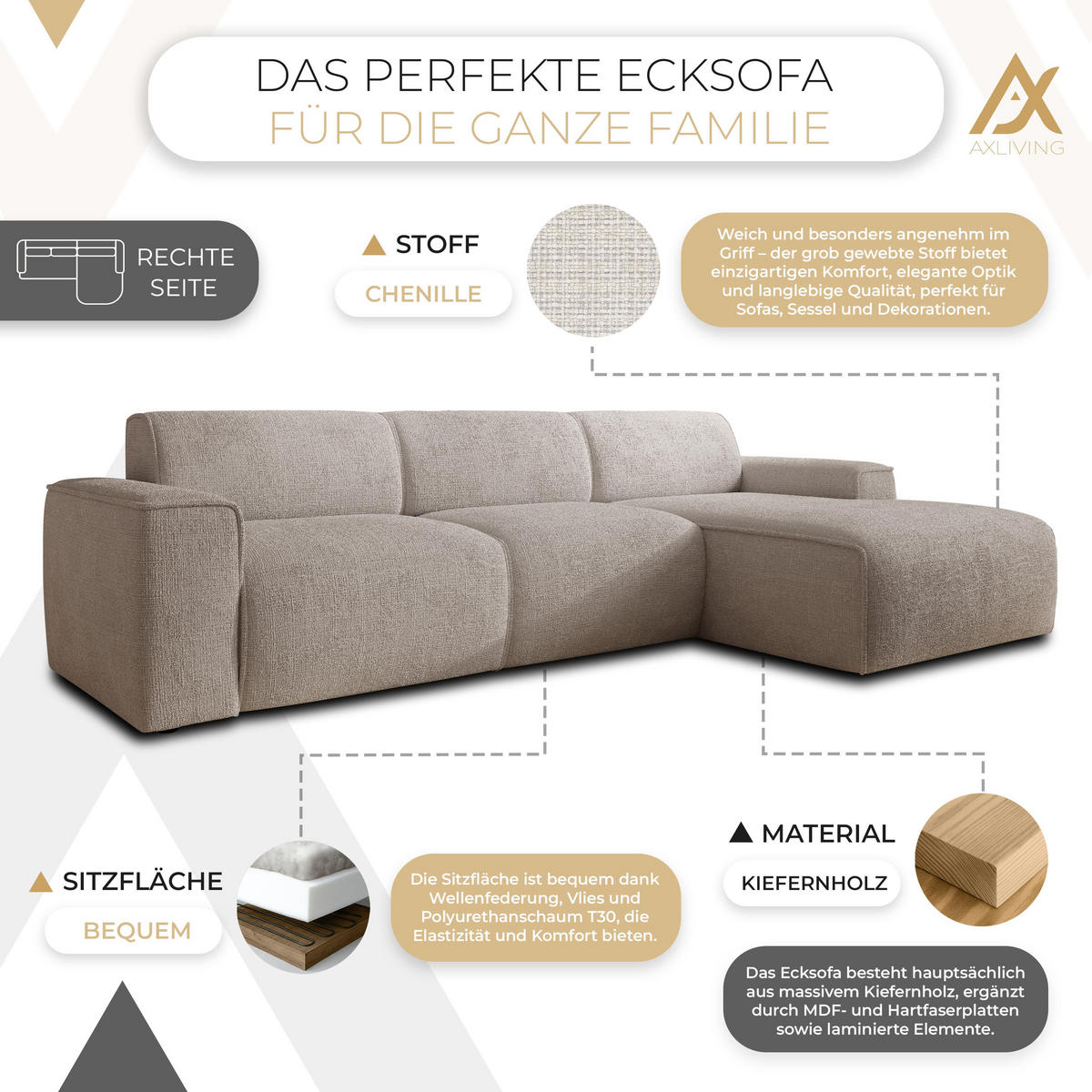 ECKSOFA L Form Didim mini Creme 310/165/78 cm – stilvolle kleine Eckcouch R - Creme/Schwarz, Kunststoff/Textil (310/165cm) - AX Living