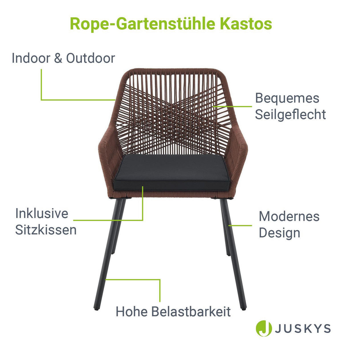 GARTENSTÜHLE Rope Kastos dunkelbraun (2er-Set) - Braun, Metall (57/86/61cm) - Juskys