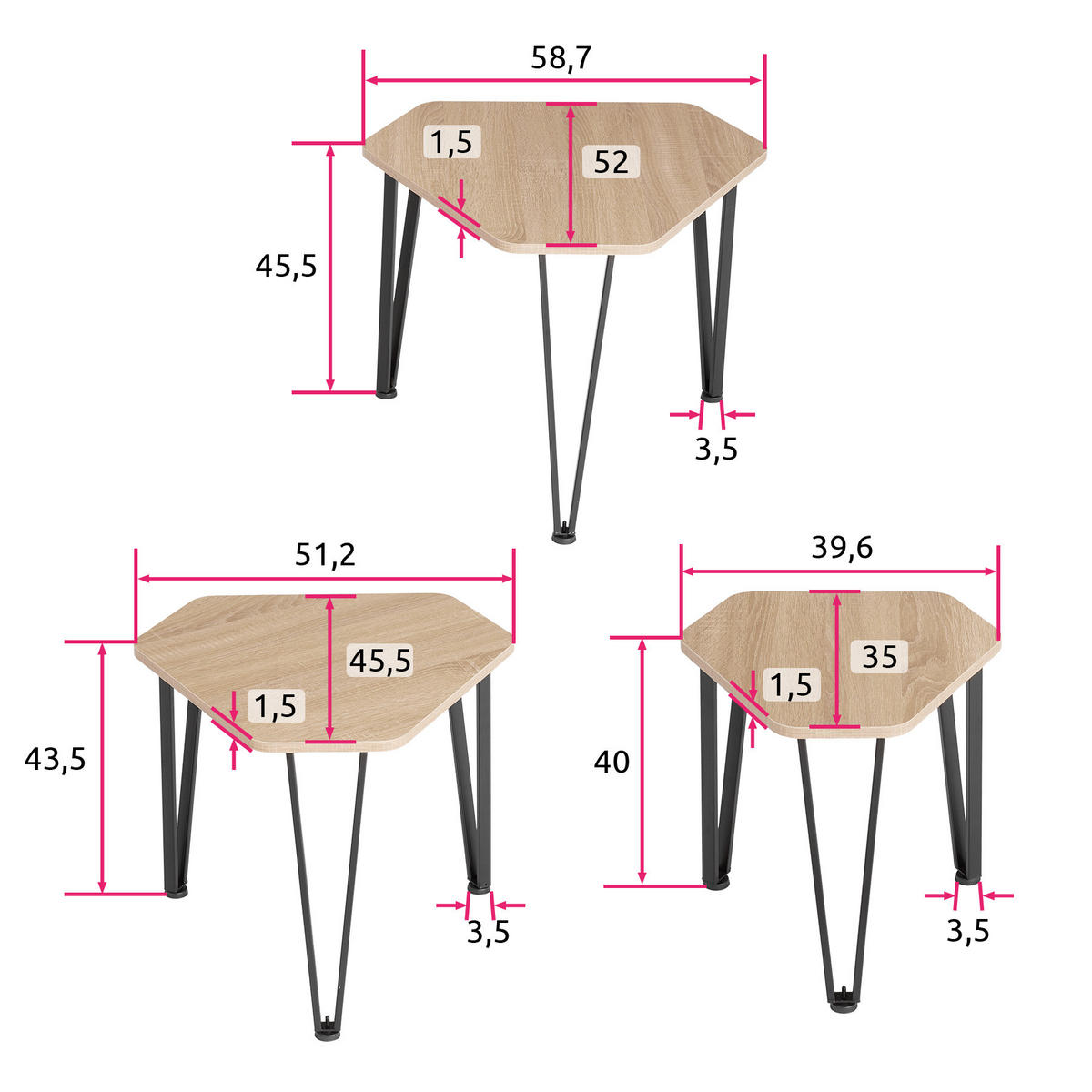 BEISTELLTISCH-SET Torquay,stapelbar,Industrial Holz hell, Eiche Sonoma - Naturfarben, Holzwerkstoff (58.7/52/45.5cm) - tectake