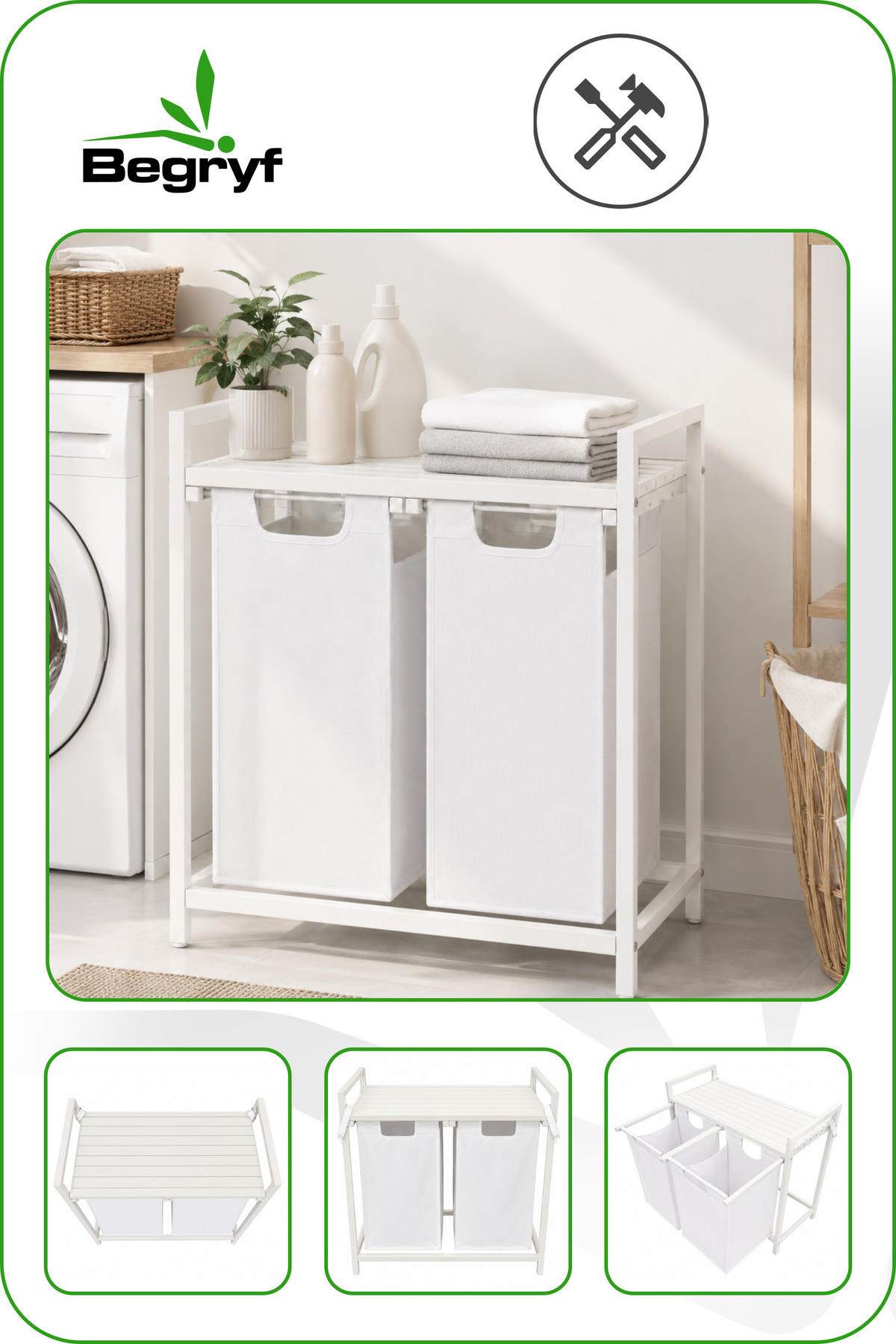 WÄSCHEKORB Metall MDF Stoff Weiß 2 herausnehmbare 92 Liter 73x33x71 cm - Weiß, Holzwerkstoff/Metall (73/71/33cm) - Begryf