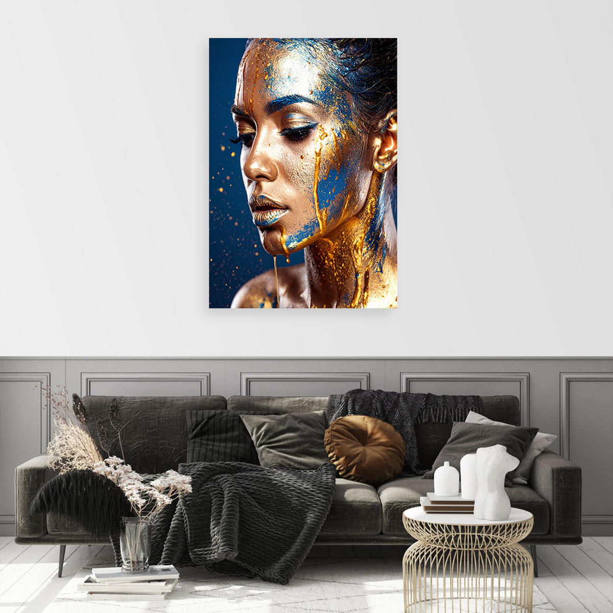 LEINWANDBILDER, Künstlerisches Porträt einer Frau mit goldenen Akzenten - Blau, Textil (60/90cm) - Feeby