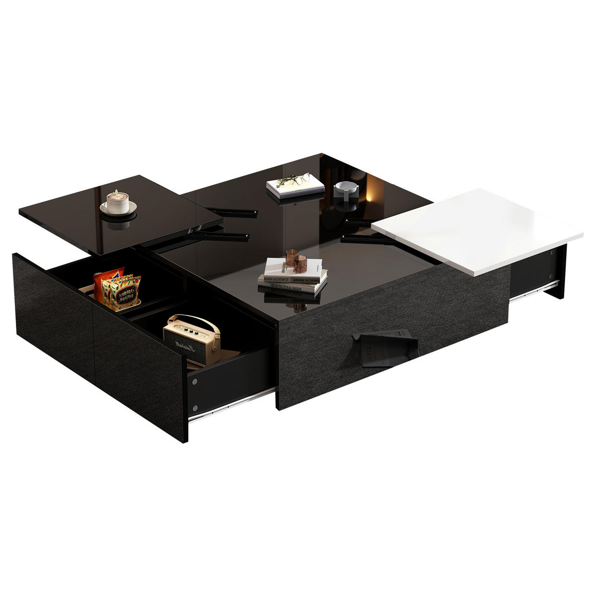 COUCHTISCH 75/75/33,5 cm hochglänzend schwarz mit weißen Kontrasten und verschiebbaren Tischplatten - Schwarz, Holzwerkstoff (75/75/33.5cm) - OKWISH