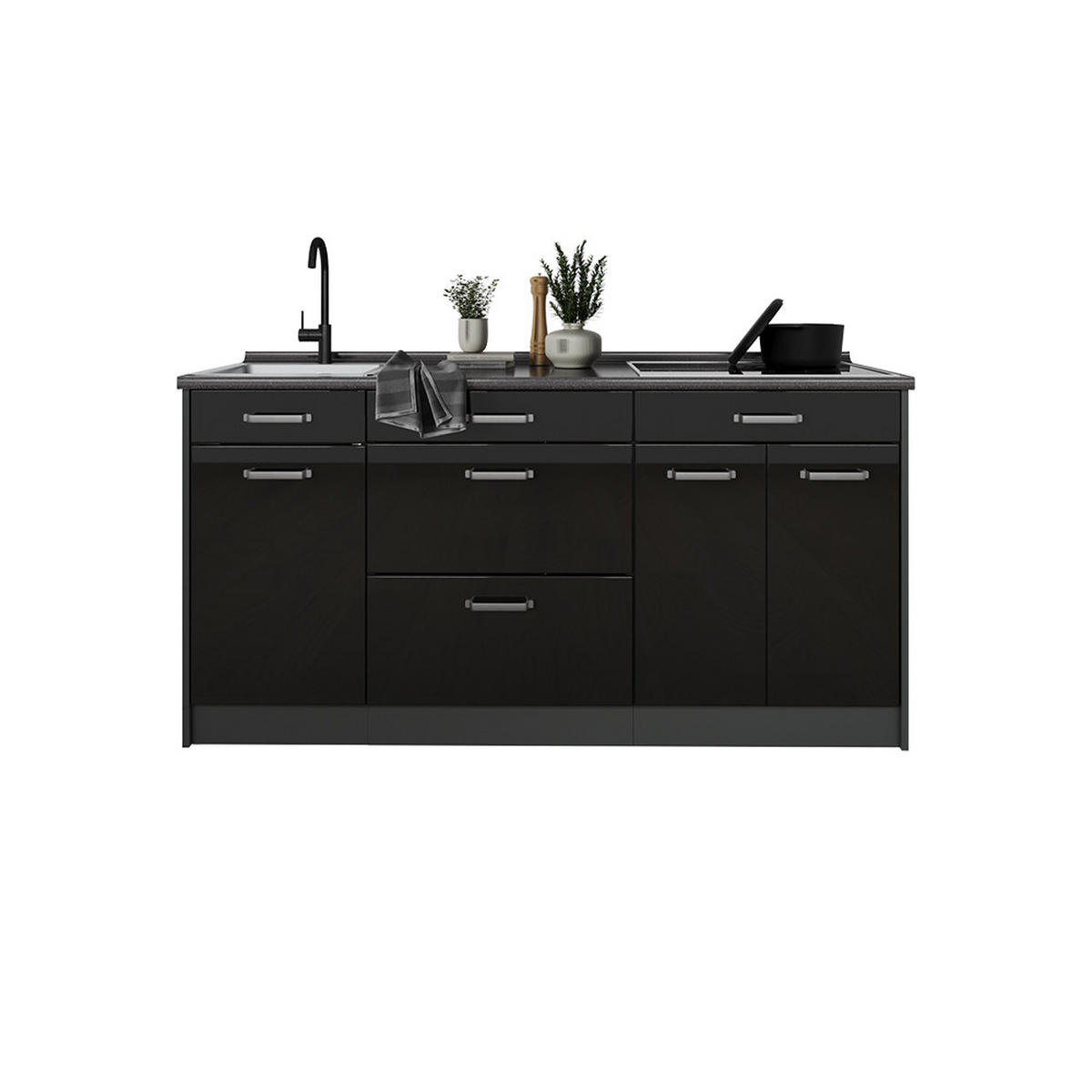 KÜCHENBLOCK R-Line, Schwarz Hochglanz/Anthrazit, 160 cm Arbeitsplatte Goldkraft Eiche - Schwarz Hochglanz/Anthrazit, Holzwerkstoff (160/81.6/60cm) - Vicco