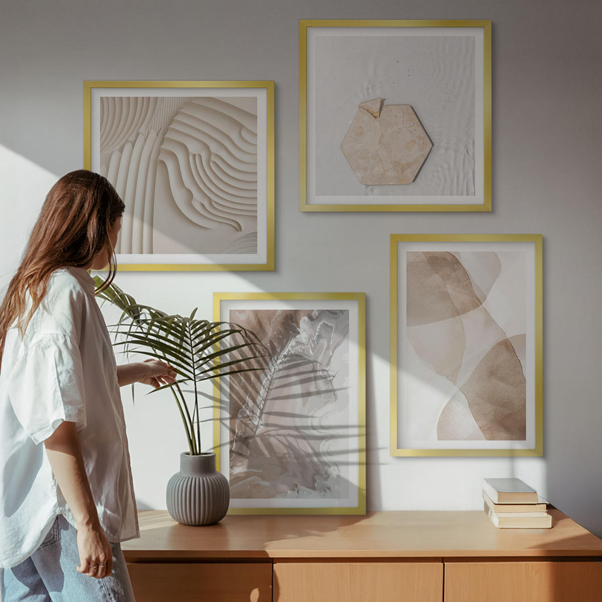 WANDBILDER 4er Set - 50x50 cm & 40x60 cm Goldrahmen - Abstrakte bemalte Strukturen - Goldfarben, Kunststoff (50/50cm) - ArtPrintCave