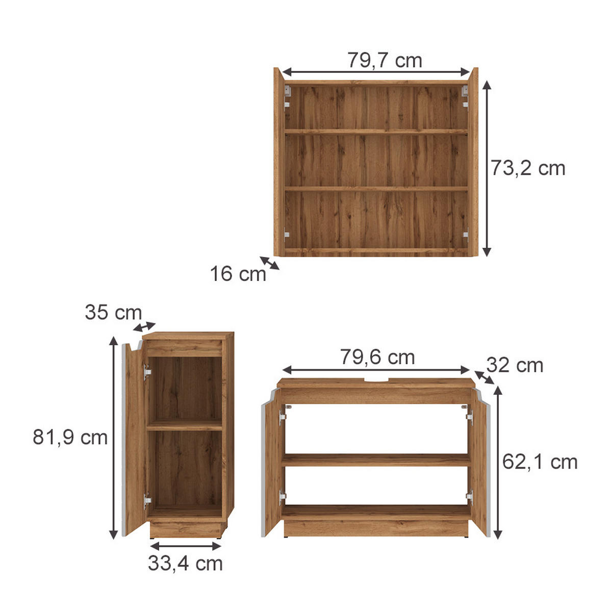 BADMÖBEL-SET Lotta Eiche/grau gestreift 3 Teile - Grau, Holzwerkstoff (79.6/62.1/32cm) - Vicco