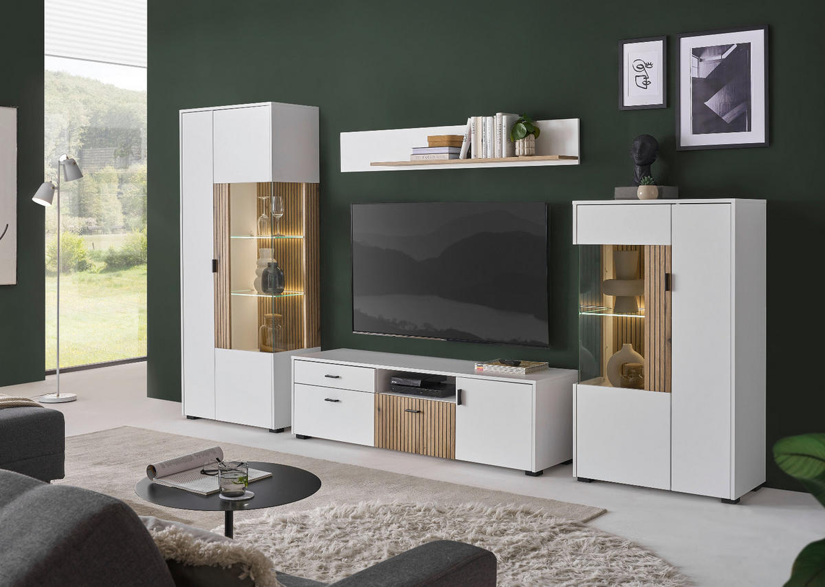 VITRINE weiß matt, Eiche 75 x 125 cm, Stauraumvitrine mit Soft-Close - Eichefarben/Schwarz, Glas/Holzwerkstoff (75/125/38cm) - Furn.Design
