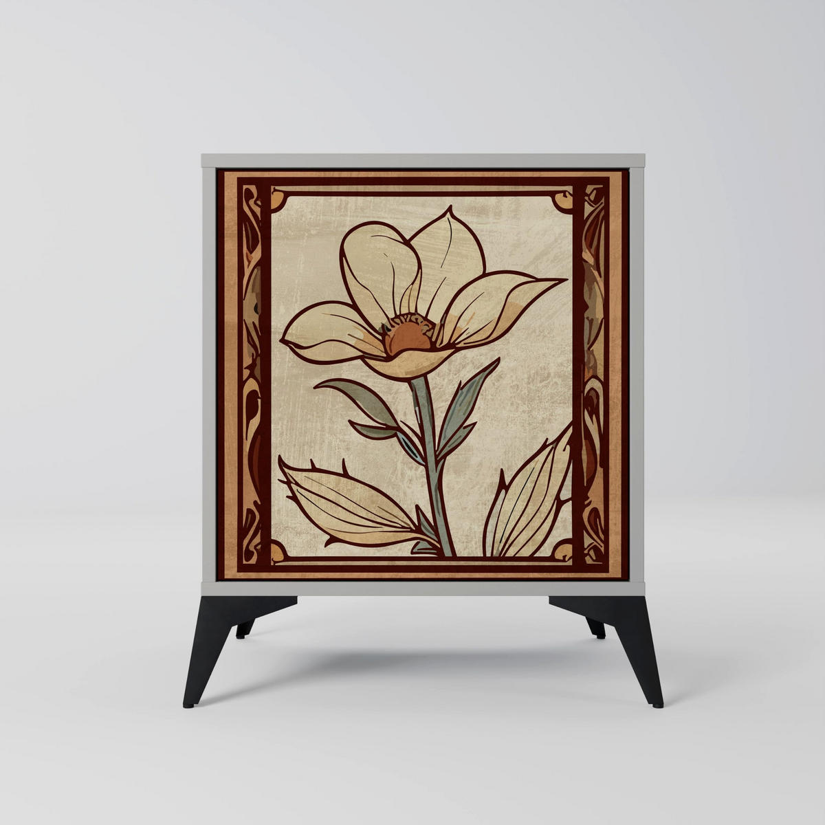 SIDEBOARD TIMELESS FLORA, Grau, 57,5x42x67,5 cm, Schwarze Metall-Rahmenfüße - Multicolor/Schwarz, Holzwerkstoff/Metall (57.5/67.5/42cm) - SpaceRebels