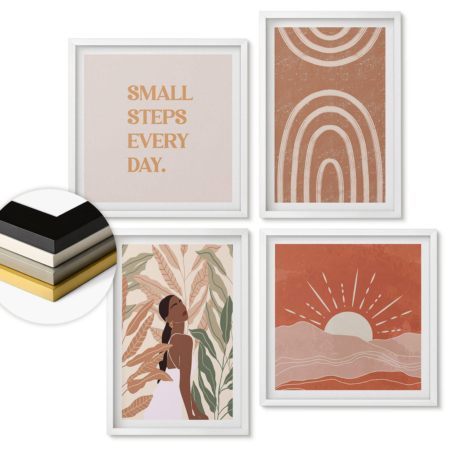WANDBILDER 4er-Set - 50x50 cm & 40x60 cm Weißer Rahmen - abstrakte Formen im Boho-Stil - Weiß, Kunststoff (50/50cm) - ArtPrintCave