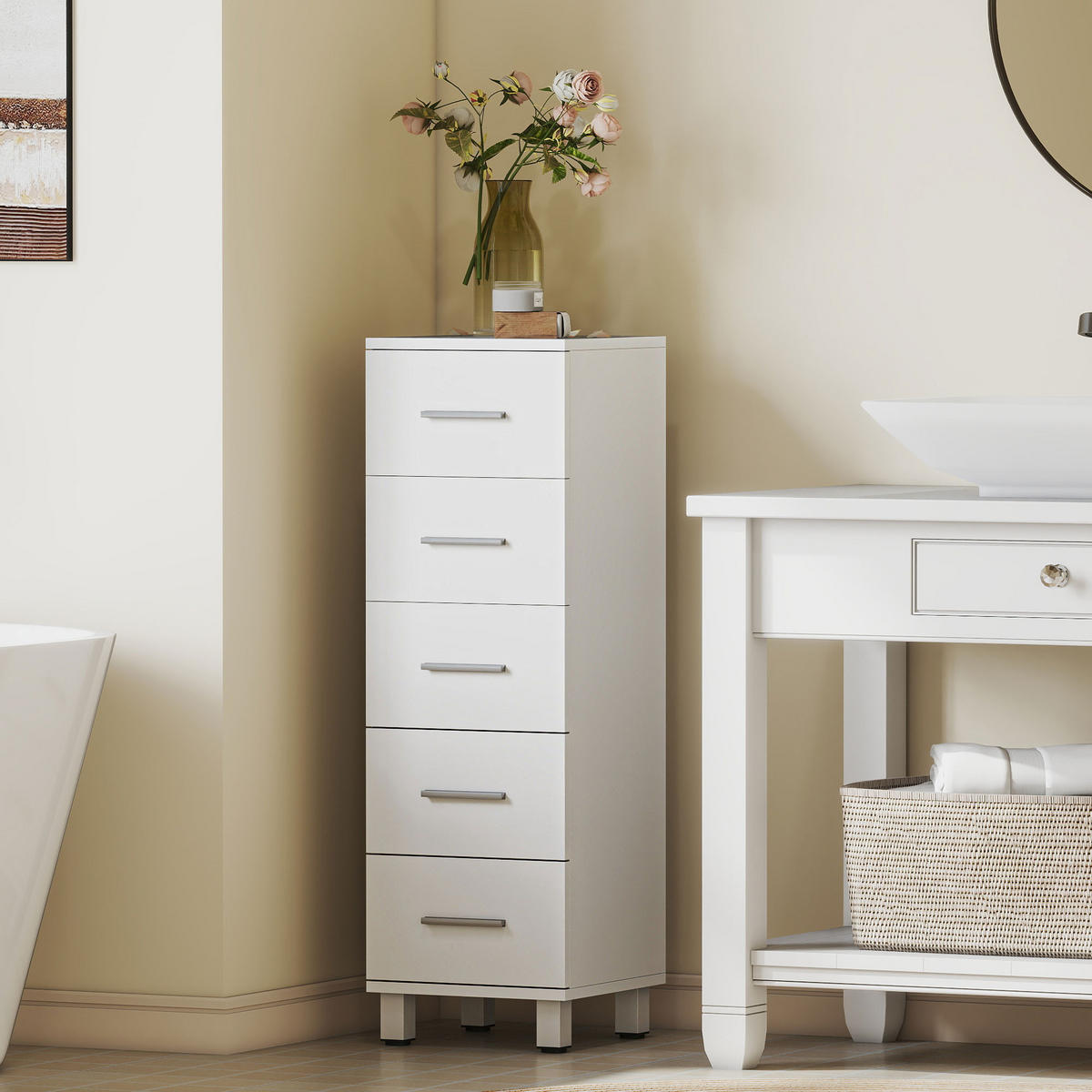 KOMMODE Spanplatte Weiß - Silberfarben/Weiß, Holzwerkstoff/Metall (30/95/30cm) - HOMCOM