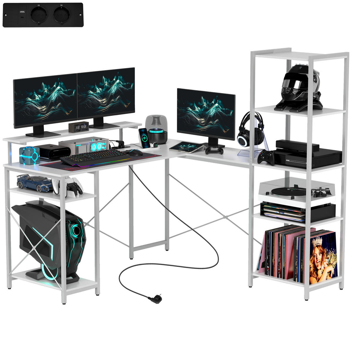 COMPUTERTISCH DE-09103 mit Ladestation, Monitorständer und Regalen Weiß - Weiß, Metall (137/140/139.5cm) - ComfortXL