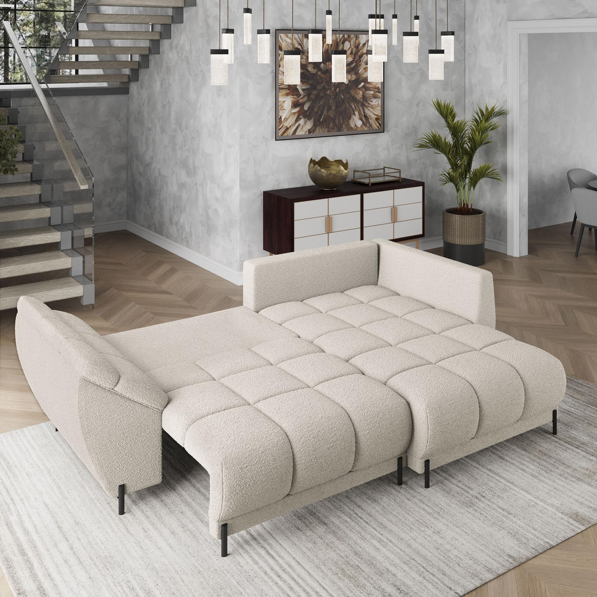 ECKSOFA VESTANO R-S Creme Boucle-Stoff mit Schlaffunktion - Creme, Holz (287/182cm) - MASSENO