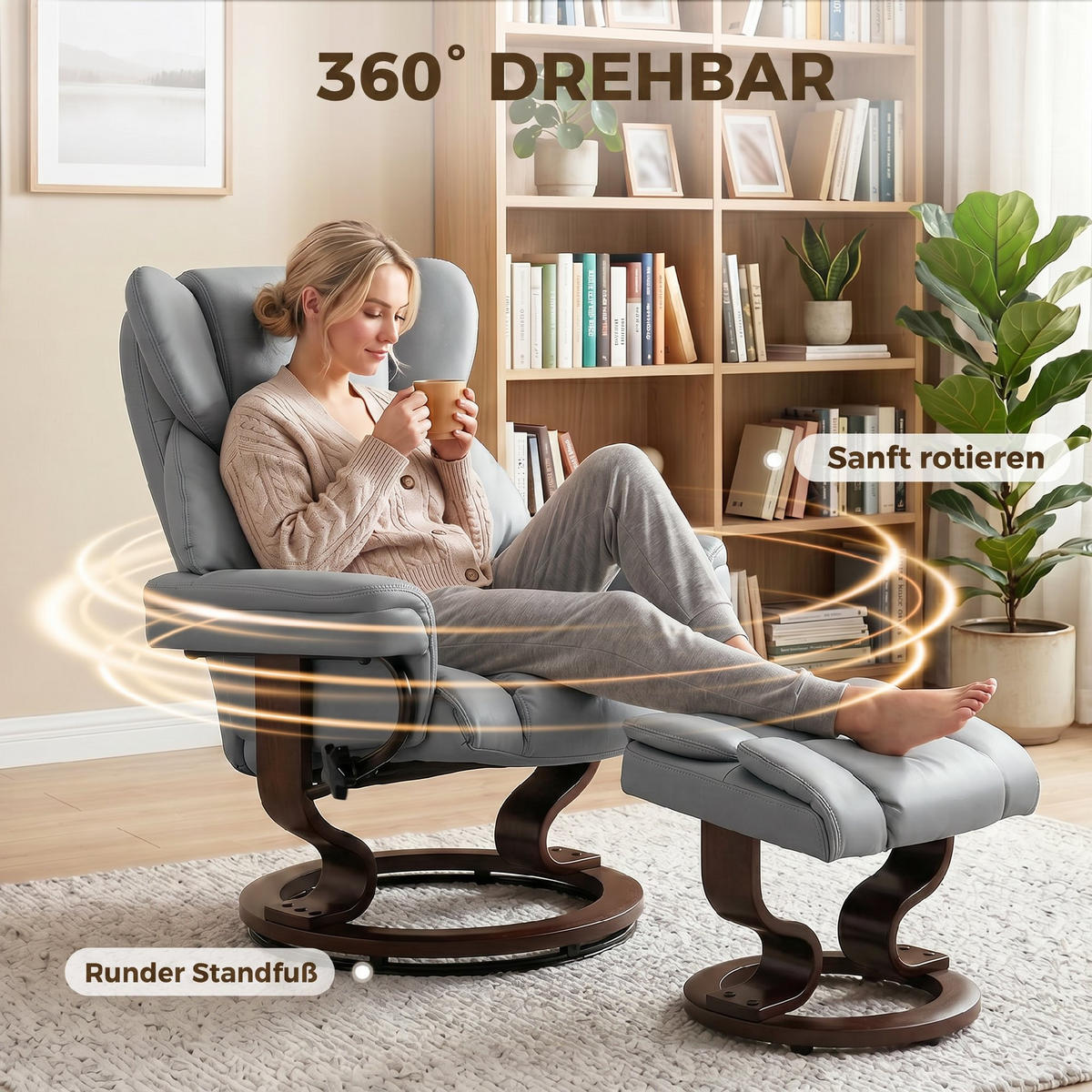 RELAXSESSEL mit Fußhocker PU-Leder Hellgrau - Hellgrau/Braun, Holz/Kunststoff (79/100/80cm) - HOMCOM