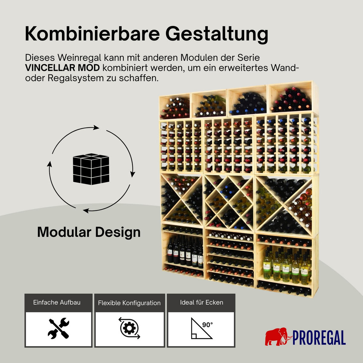 WEINREGAL Vincellar Mod 30x60x30 cm Rauten Modul Für 14 Flaschen Massives Kiefernholz Braun Geölt - Braun, Holz (30/30/60cm) - PROREGAL