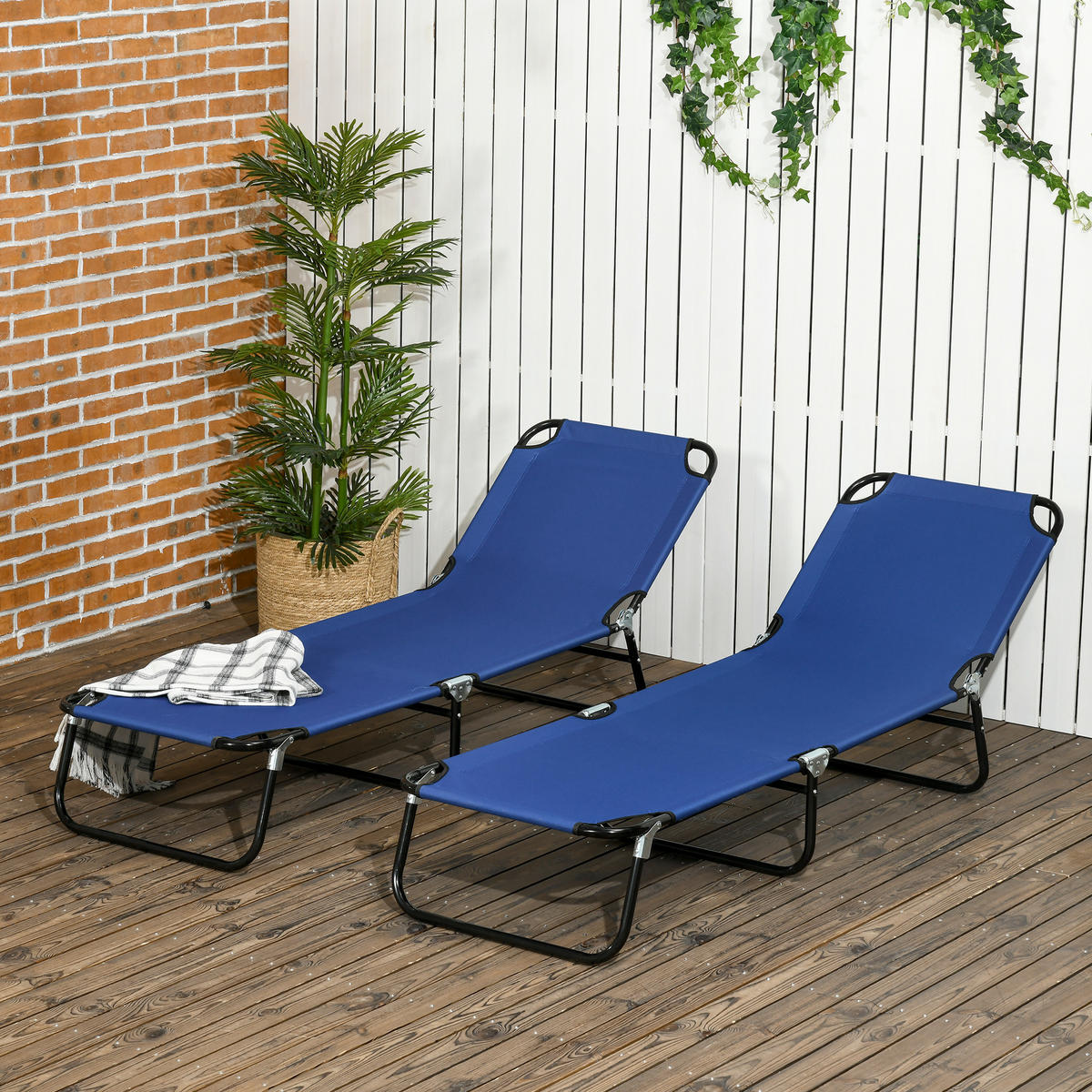 SONNENLIEGE 2er Set klappbar mit höhenverstellbarer Rückenlehne - Blau/Schwarz, Textil/Metall (188/28/56cm) - Outsunny