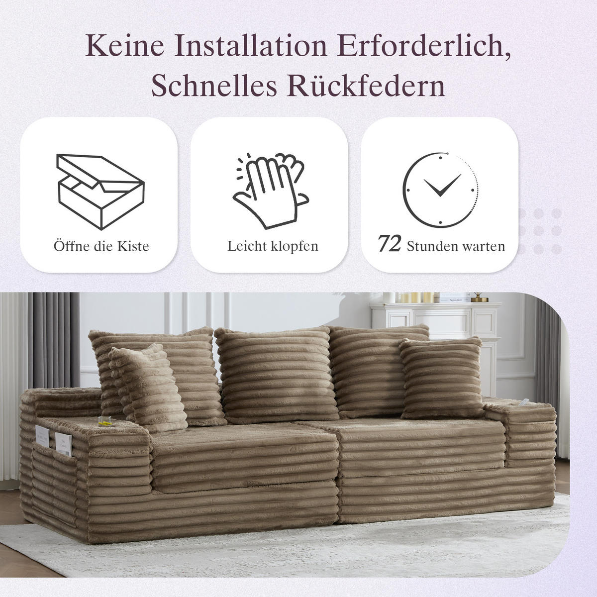 SCHLAFSOFA 273/98/87 cm Khaki mit beidseitigen Taschen und Getränkehaltern - Sandfarben, Textil (107.48/34.25/38.58cm) - Oxeza