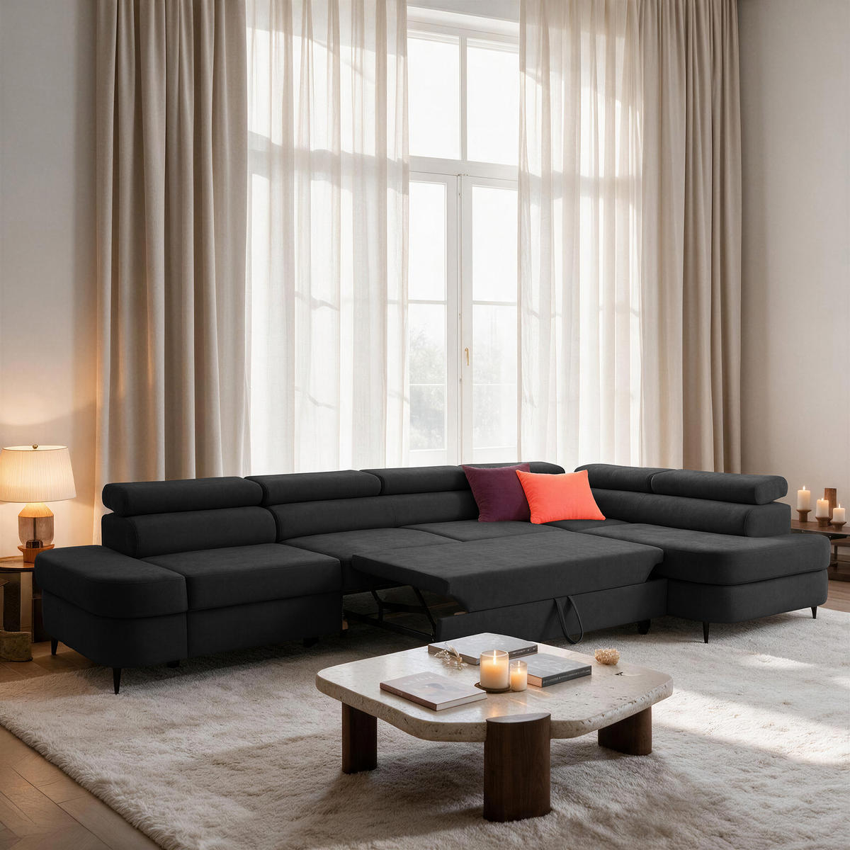 ECKSOFA PRIAM MAXI L-Form Rechts mit Schlaffunktion 125x195 Velours Anthrazit - Anthrazit/Schwarz, Holz/Textil (350/203cm) - Muffo