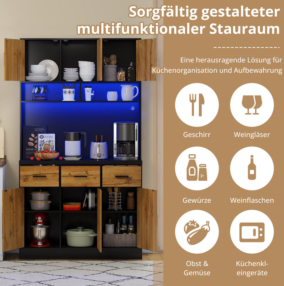 KÜCHENSCHRANK mit LED 100 x 40 x 180 cm MDF Schwarz/Natur - Schwarz, Holzwerkstoff (40/180/100cm) - Meubliv