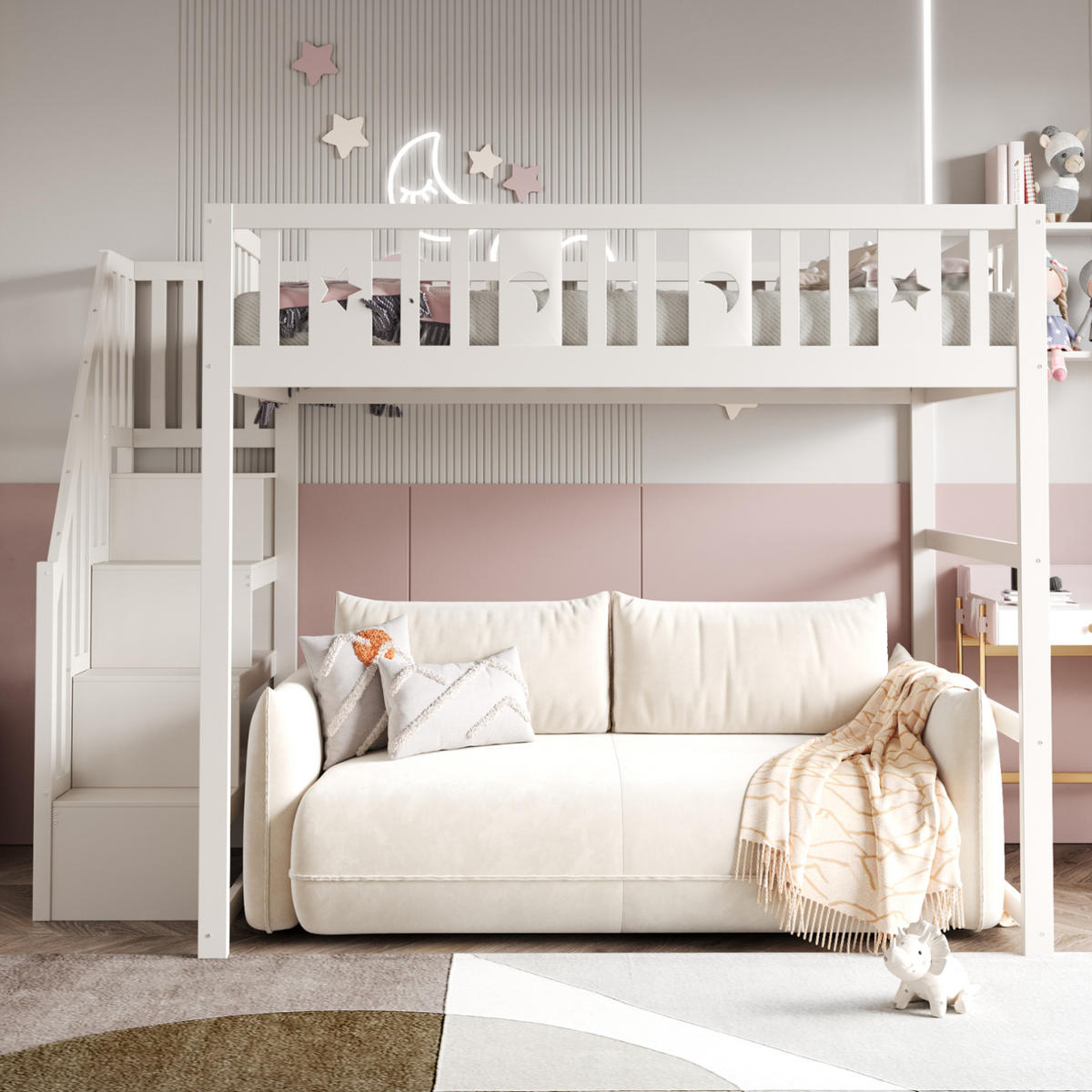 HOCHBETT 140/200 cm in Weiß aus Massivholz – mit Treppe, Regal und Rausfallschutz - Weiß, Holz (140/200cm) - BEAOK