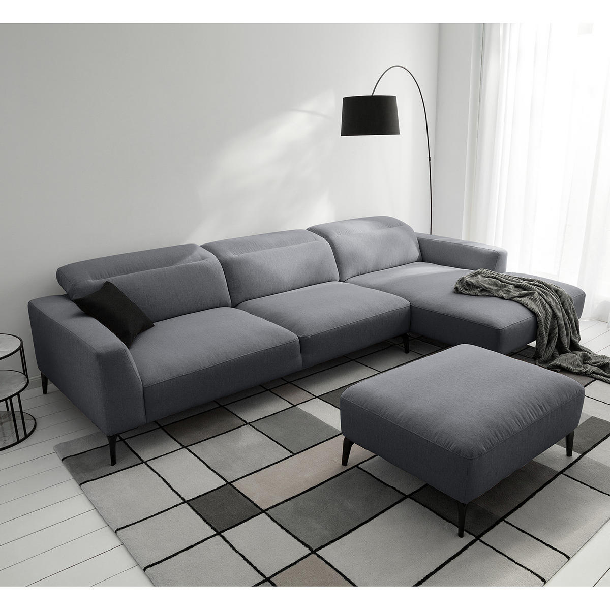 ECKSOFA mit Longchair - Schwarz/Grau, Textil/Metall (328/180cm) - home24