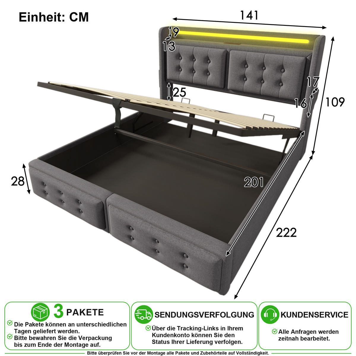 POLSTERBETT 140/200 cm in Grau Stoff mit Bettkasten, LED und Matratze - Grau, Holzwerkstoff/Textil (140/200cm) - CHICFURN