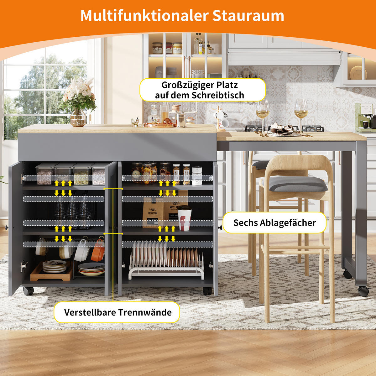 BARTISCH Ausziehbarer aus MDF mit Stauraum, 117-180/50/94,6 cm, Grau - Grau, Holzwerkstoff (50/94.6/117cm) - Redom