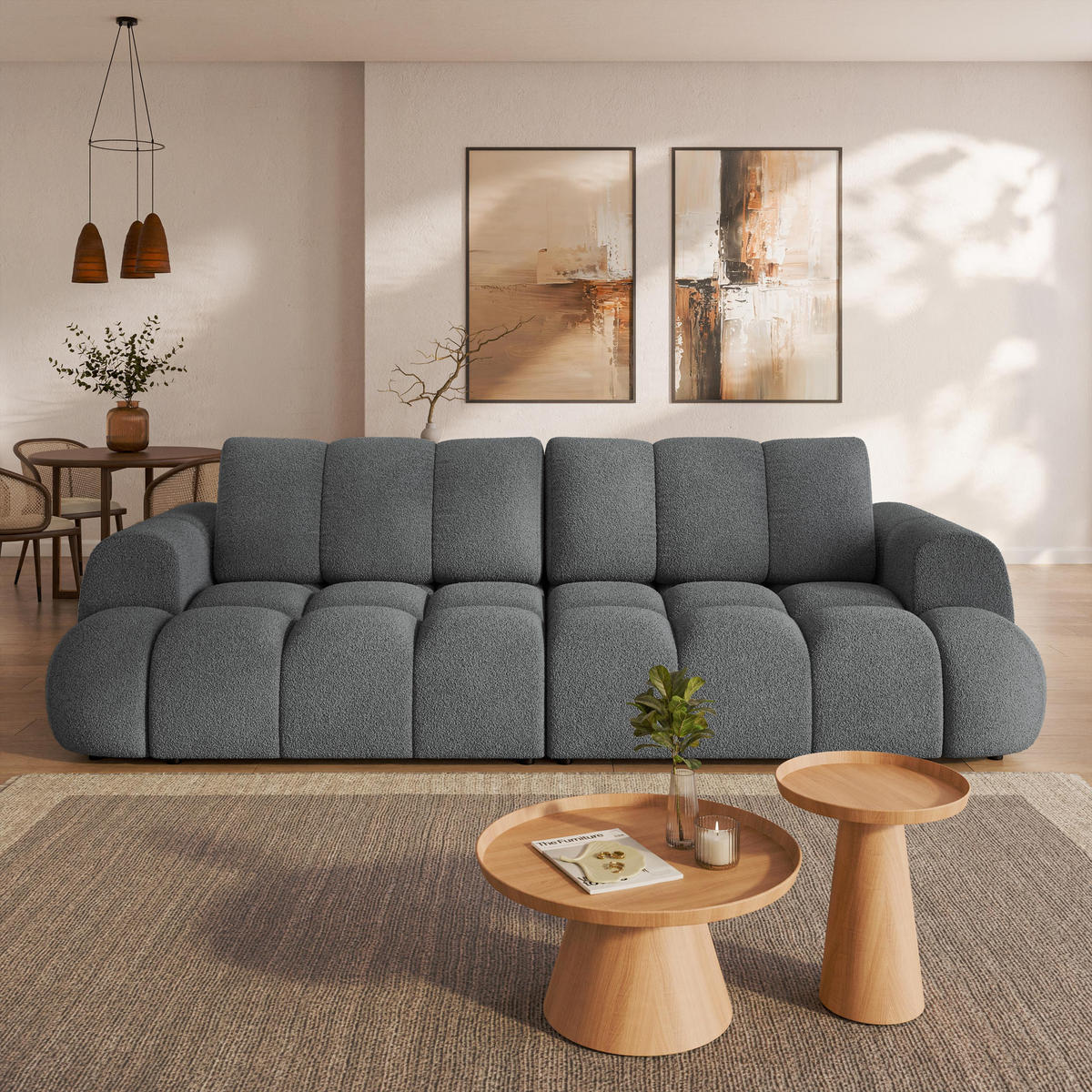 BETTSOFA DAFNE Grau Bucle-Stoff mit Schlaffunktion - Grau, Textil (300/88/113cm) - MASSENO
