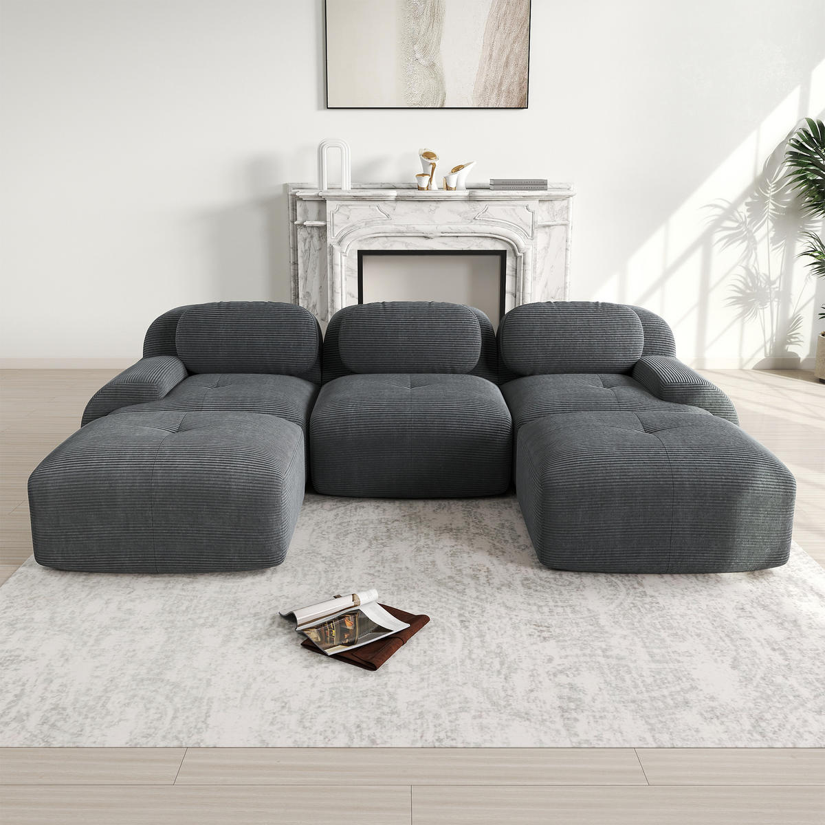 WOHNLANDSCHAFT Cord Grau montagefrei und rutschfest - Grau, Textil (298/75/178cm) - WISHDOR