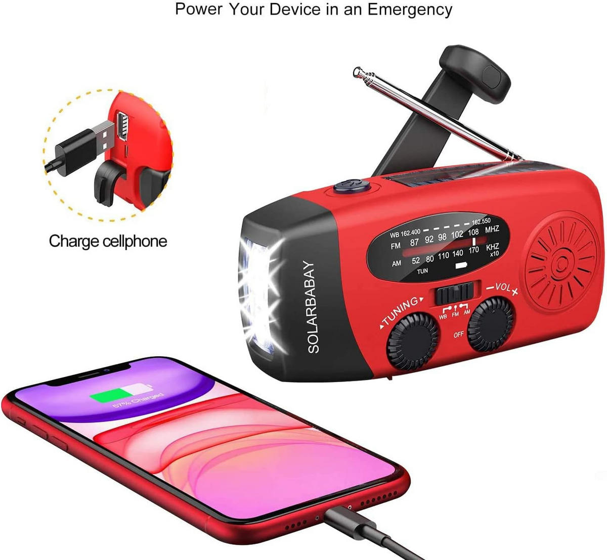 RADIO – NOAA AM/FM – Handkurbel-Generator / LED-Taschenlampe / 2000-mAh-Powerbank – Rot - Rot, Kunststoff (12.7/4.57/6cm) - DCA