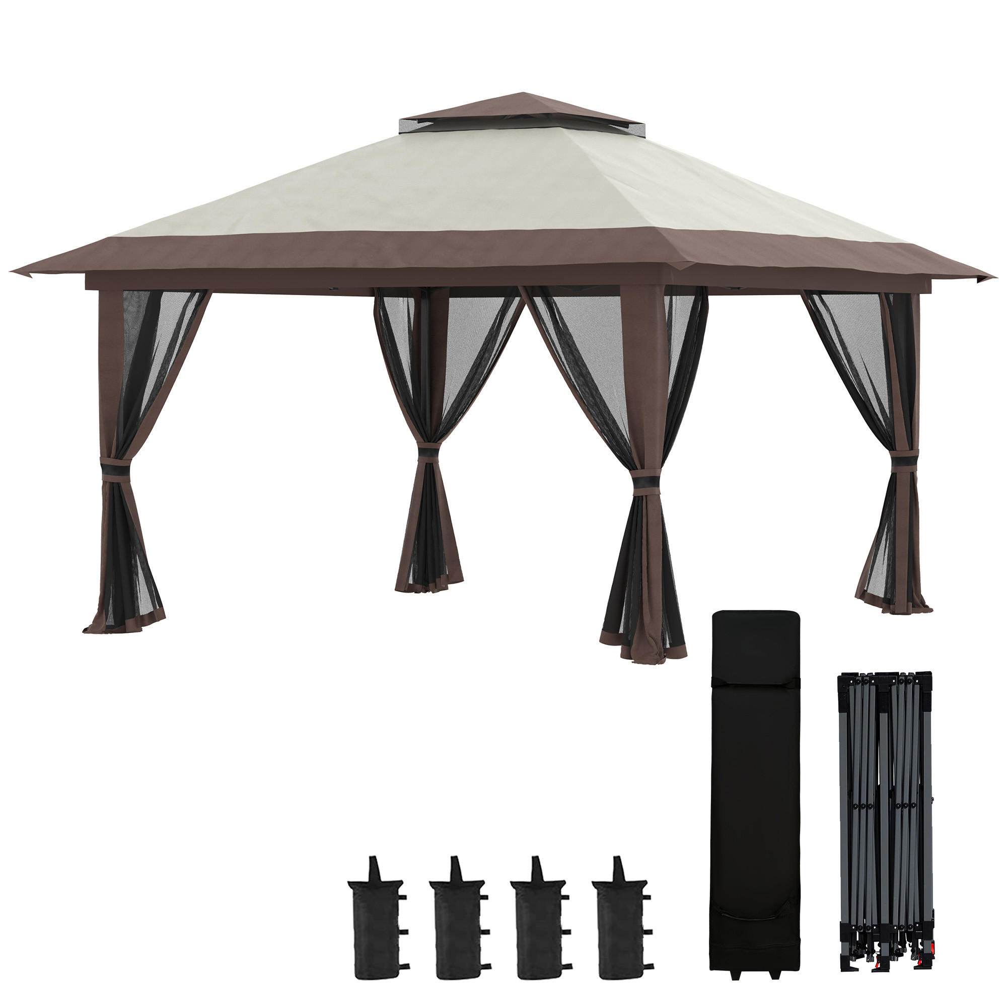 FALTPAVILLON, höhenverstellbar, 4 Netzwände, Lüftungsdach, Tragetasche, Schnellaufbau, 4 x 4 x 3 m, Beige - Beige, Textil (392/283/392cm)