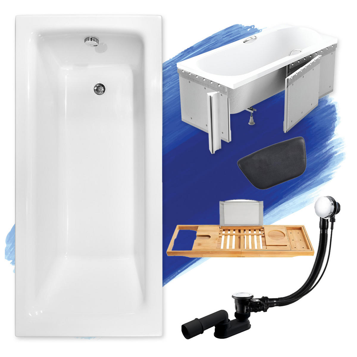 BADEWANNE Rechteck TALIA 150/70 + Styro + Ablage + Kopfstütze Ablauf Füße - Weiß, Kunststoff (70/55.5/150cm) - bad land