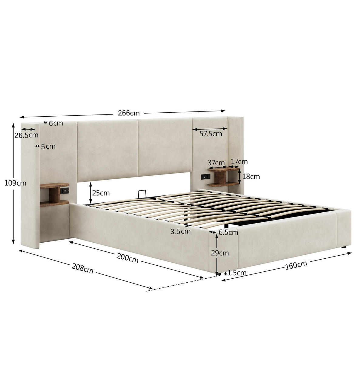 POLSTERBETT mit Stauraum 160x200 cm Samt Beige mit 2 Nachttischen - Beige, Metall (160/200cm) - Meubliv
