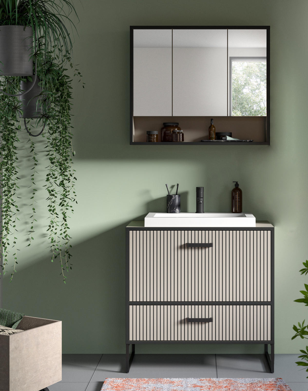 BADMÖBEL-SET schwarz, sand mit Waschbecken 80 cm, Kombination mit Soft-Close - Sandfarben/Schwarz, Glas/Keramik (80/192/48cm) - Inn.Furn
