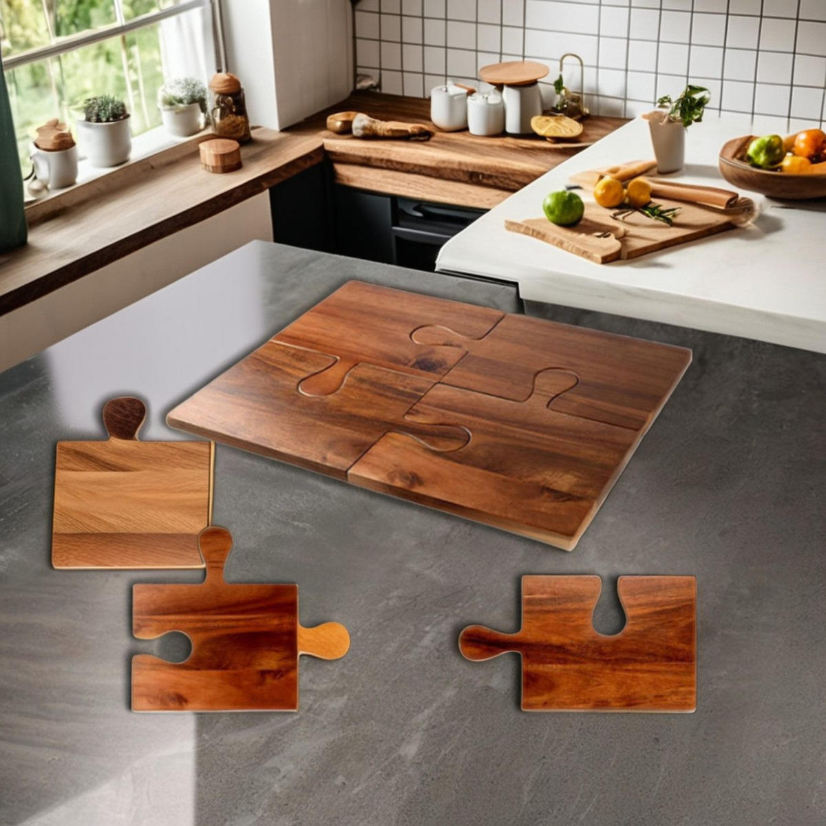 SERVIERBRETT 4-tlg. Akazienholz Puzzle-Design 50/40 cm - Akaziefarben, Holz (50/1.5/40cm) - Quality Elegance