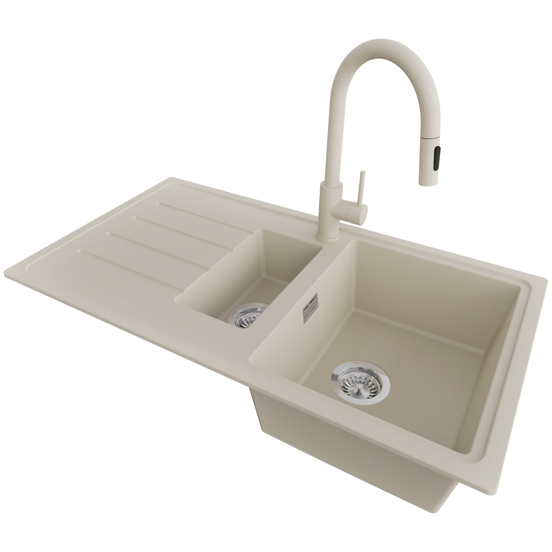 GRANITSPÜLE - Kopenhagen, 3-er set Beige 90/50 cm, 1,5 Becken + Küchenarmatur 40/20 cm + Ablauf-Set ab 60er Unterschrank - Chromfarben/Beige, Kunststoff (90/19/48cm) - Primagran