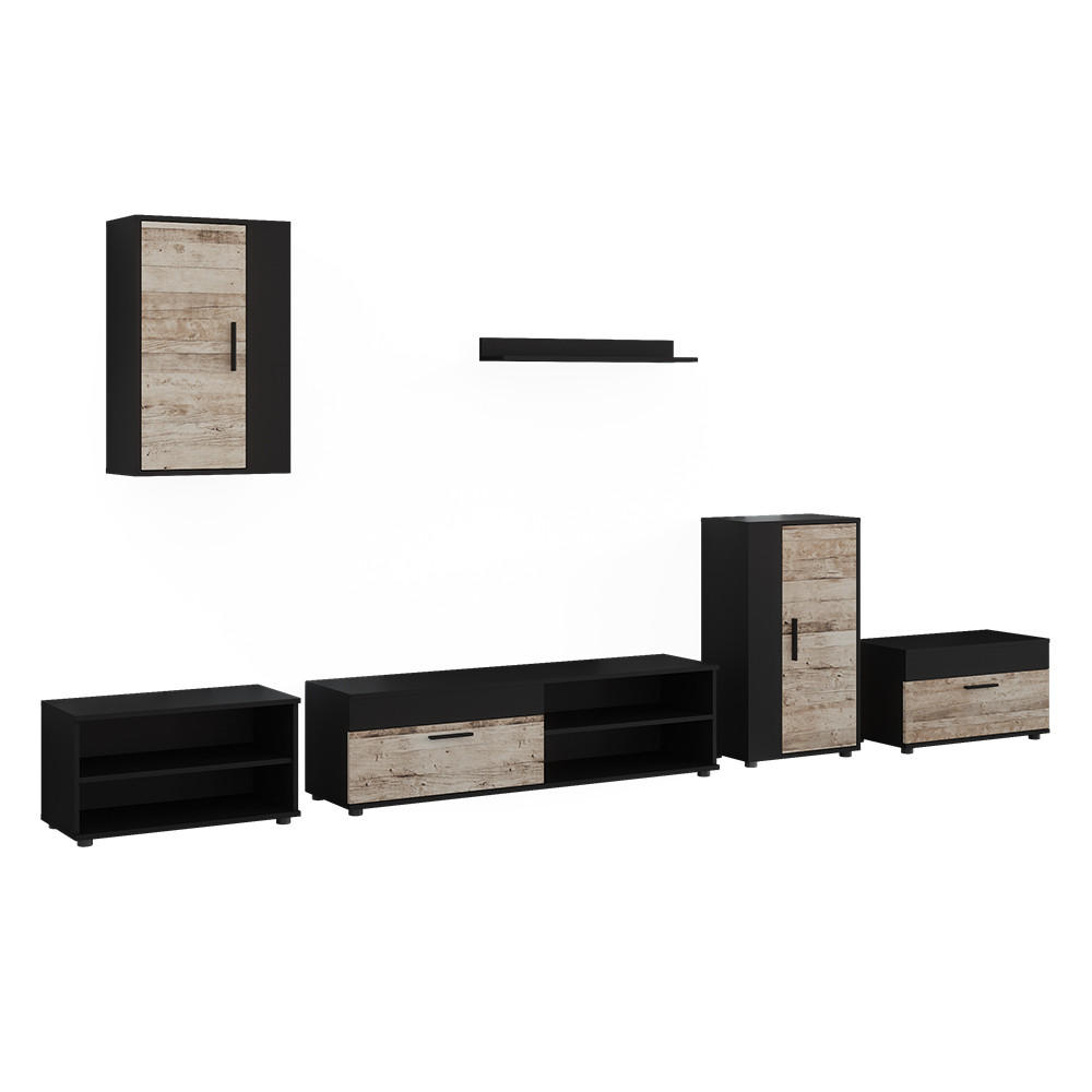WOHNWAND Berno, Schwarz/Sandeiche, 6-teiliges Set - Schwarz/Sonoma Eiche, Holzwerkstoff (140/38.7/35.2cm) - Vicco
