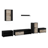 WOHNWAND Berno, Schwarz/Sandeiche, 6-teiliges Set - Schwarz/Sonoma Eiche, Holzwerkstoff (140/38.7/35.2cm) - Vicco