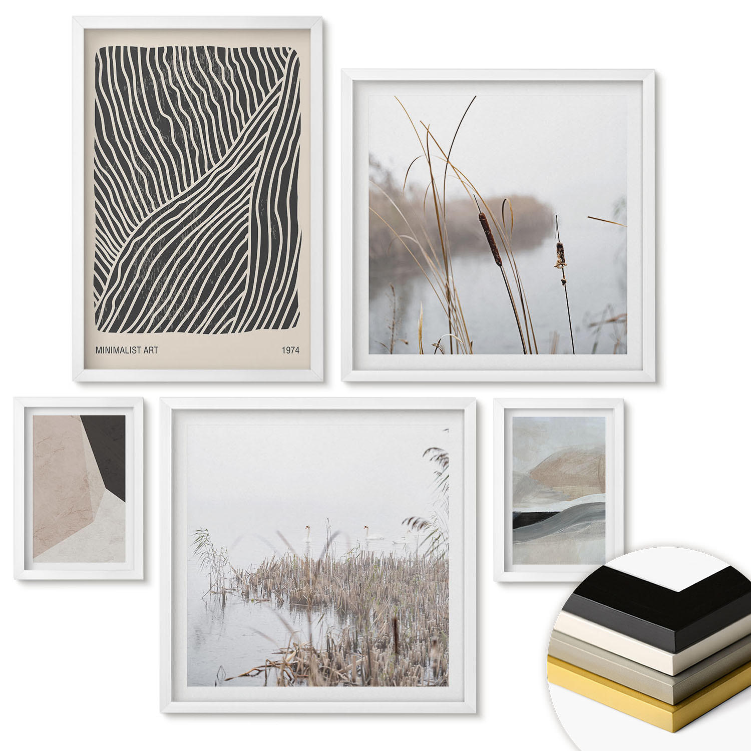 WANDBILDER 5er-Set - 50x50 cm & 20x30 cm & 40x60 cm Weißer Rahmen - Abstrakte Boho-Dekorationsmuster - Weiß, Kunststoff (40/60cm) - ArtPrintCave