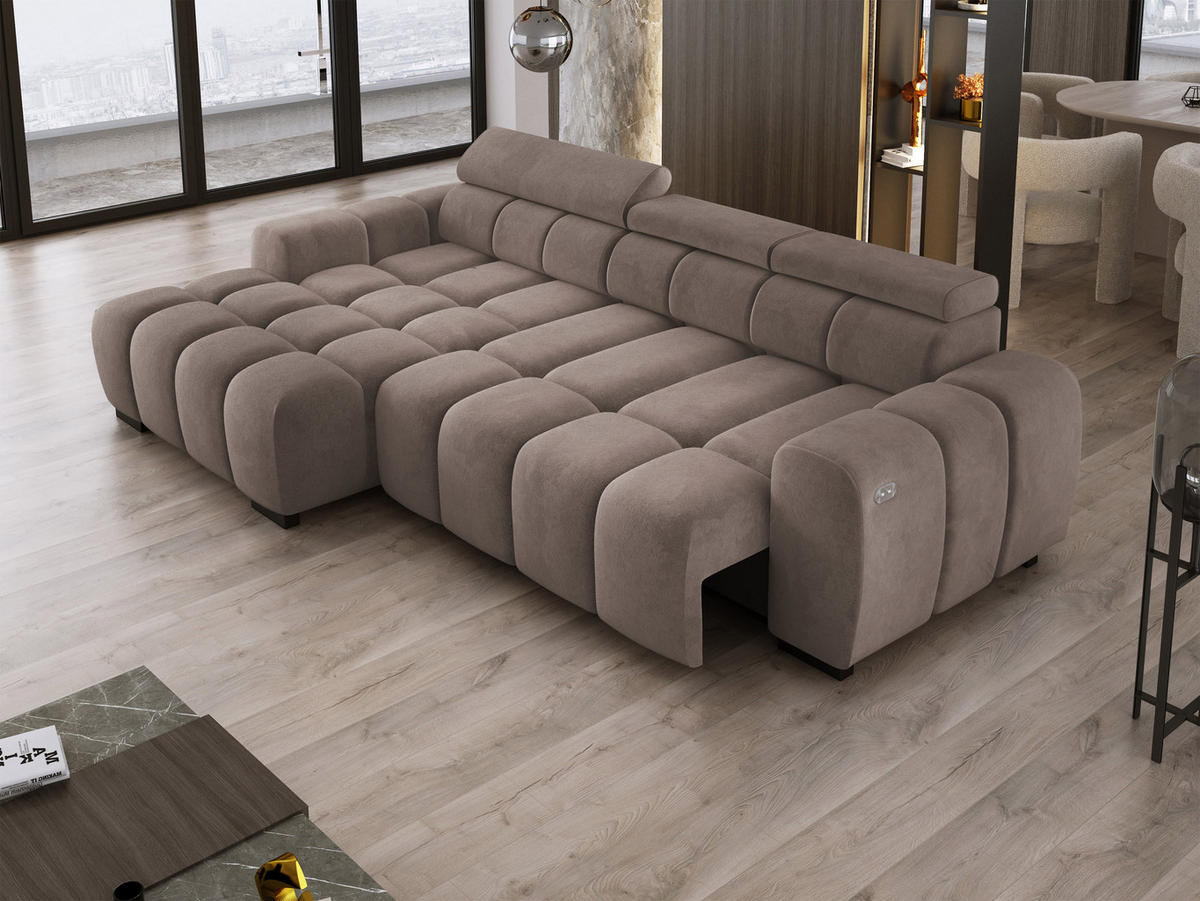 ECKSOFA OMBO 285x168x77/97 cm, Links, Schlaffunktion, elektr. Sitz, Kopfstützen, Buche dunkel, hydrophober SALVADOR-Stoff – Grau - Cappuccino, Holz/Textil (168/285cm) - DomoHome