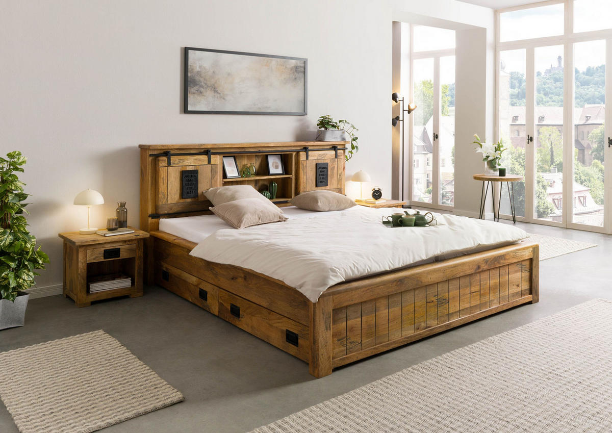 HOLZBETT mit Schublade Mango 180x200 natur lackiert RAILWAY #172 - Braun, Holz (180/200cm) - Massivmoebel24