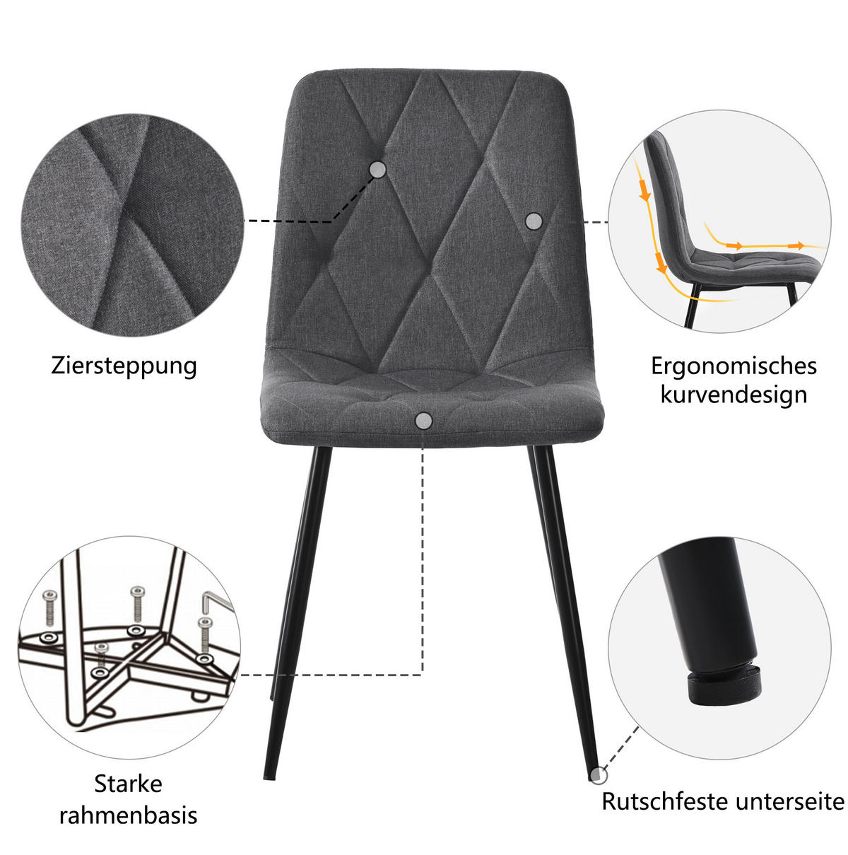 ESSZIMMERSTUHL 4er-Set gepolstert Grau mit Metallbeinen - Grau, Metall (40/86/45cm) - Meubliv