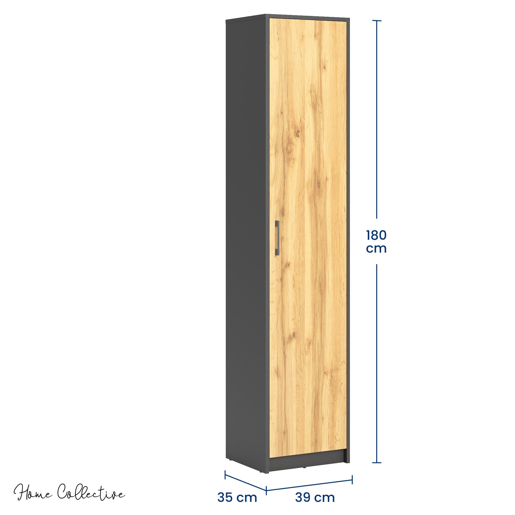 REGAL mit 4 Einlegeböden und 1 Tür in Graphit / Eiche - Eichefarben/Graphitfarben, Holzwerkstoff (39/180/35cm) - Home Collective