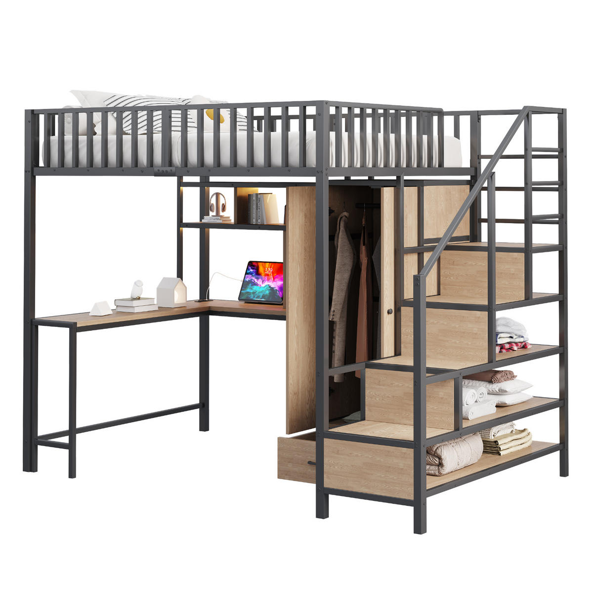 HOCHBETT 140/200 cm in Schwarz mit Schreibtisch, Kleiderschrank und LED-Beleuchtung - Schwarz, Metall (140/200cm) - Flora Grace