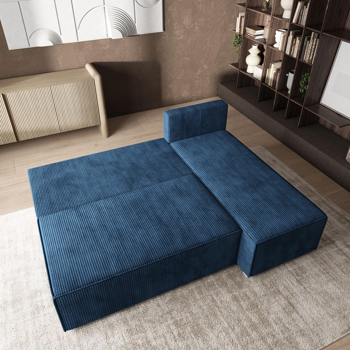 ROHOVÁ SEDAČKA BRISO modrá - šedá/modrá, dřevo/textil (200/140cm) - MASSENO