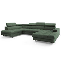 WOHNLANDSCHAFT CORENO Grün Boucle-Stoff mit Schlaffunktion - Grün, Holz (345/88/190cm) - MASSENO