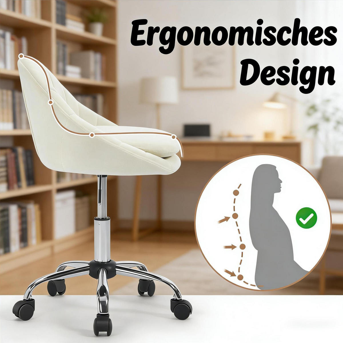 BÜROSTUHL höhenverstellbar drehbar Samt Beige mit Rollen - Beige, Metall (52/82/47.5cm) - Meubliv