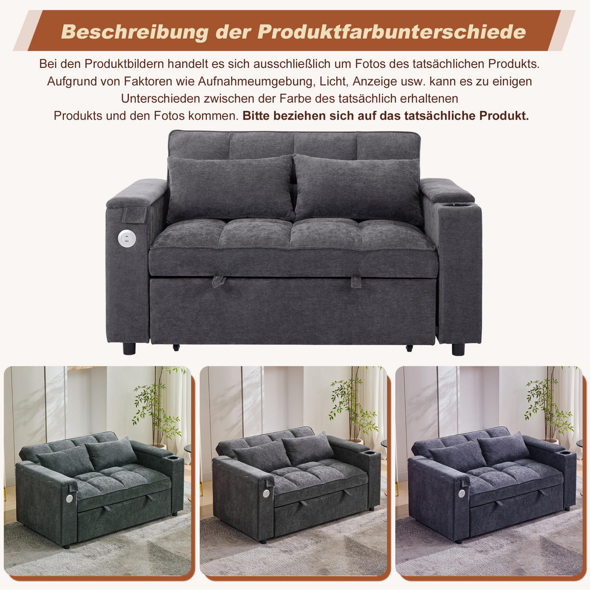 ROZKLÁDACÍ pohovka 140,5/74/82 cm s nastavitelným opěradlem, USB a USB-C porty, skrytým stolkem a držákem nápojů, Šedá - šedá, textil (140.5/82/74cm) - Redom