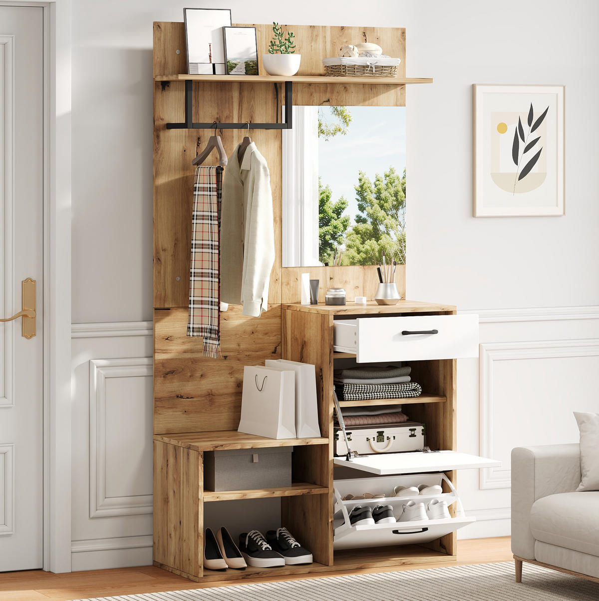 GARDEROBE 100/190/38,5 cm Weiß/Natur aus Spanplatte mit Spiegel und Klapptüren - Weiß, Holzwerkstoff (38.5/190/100cm) - OKMYHOME