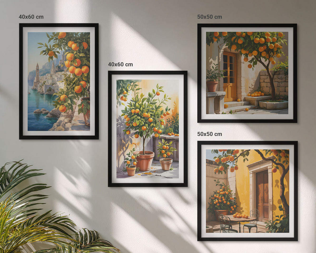 WANDBILDER 4er-Set - 50x50 cm & 40x60 cm Schwarzer Rahmen - Gemalte Zitruslandschaften - Schwarz, Kunststoff (50/50cm) - ArtPrintCave